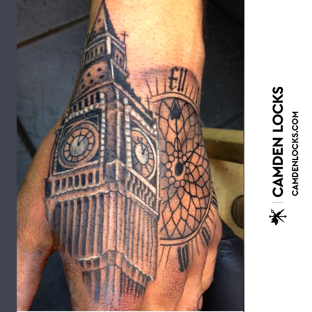 Forearm tattoo of the skyline of Paris and London on